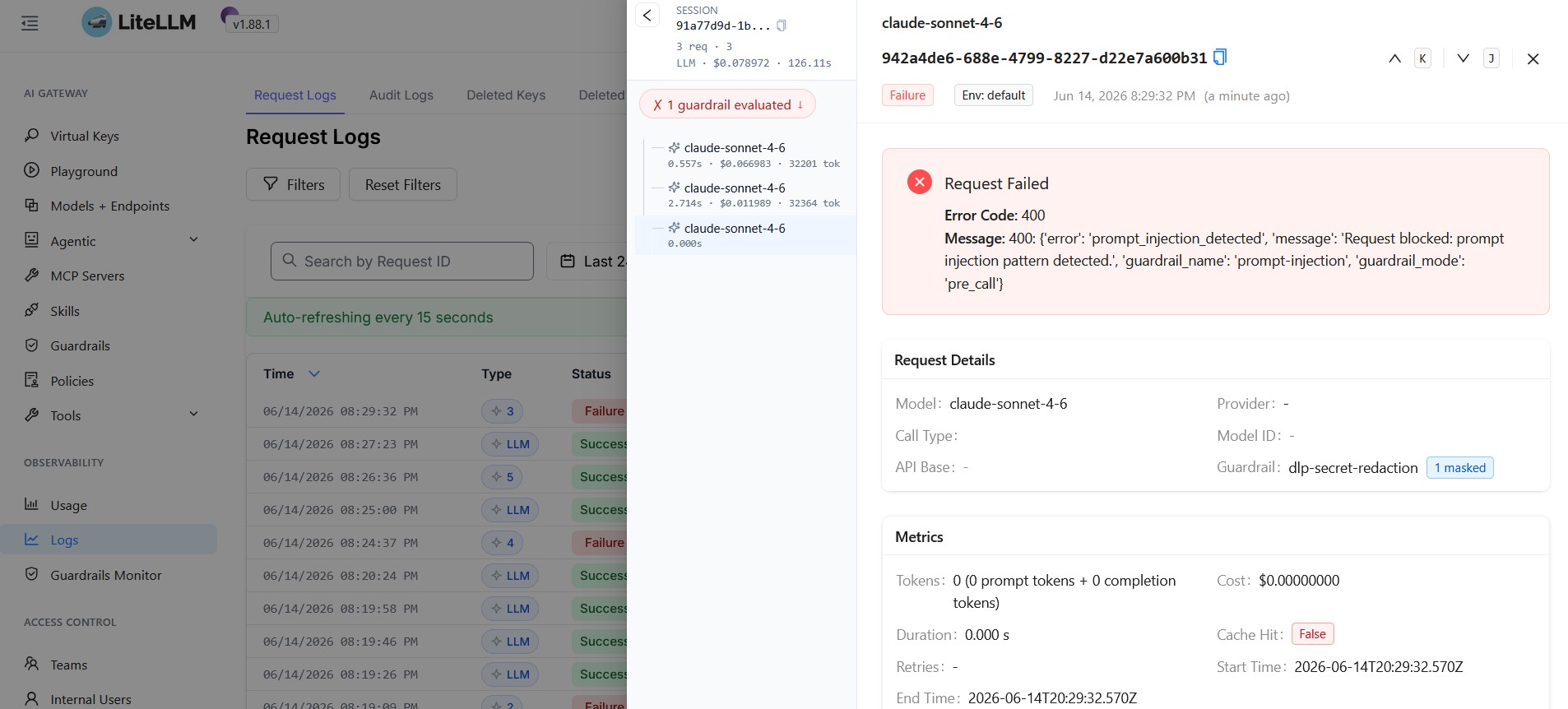 LiteLLM : requête refusée par le guardrail prompt-injection en pre_call